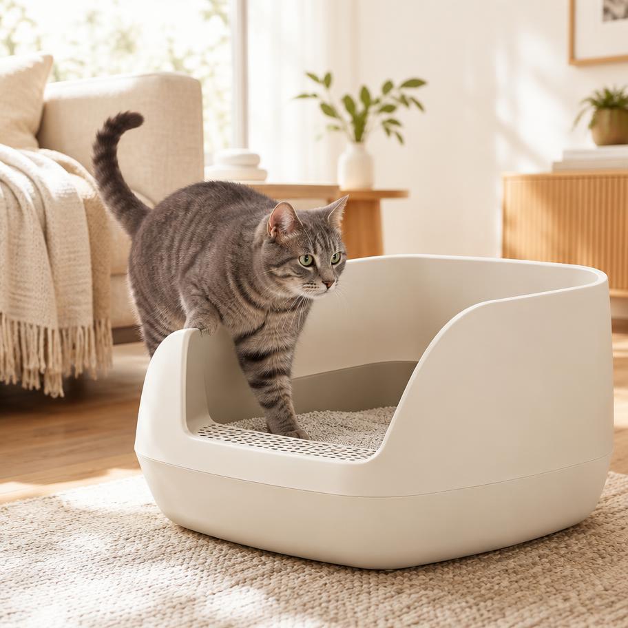 Grey tabby cat stepping into a PurrBox litter box in a living room