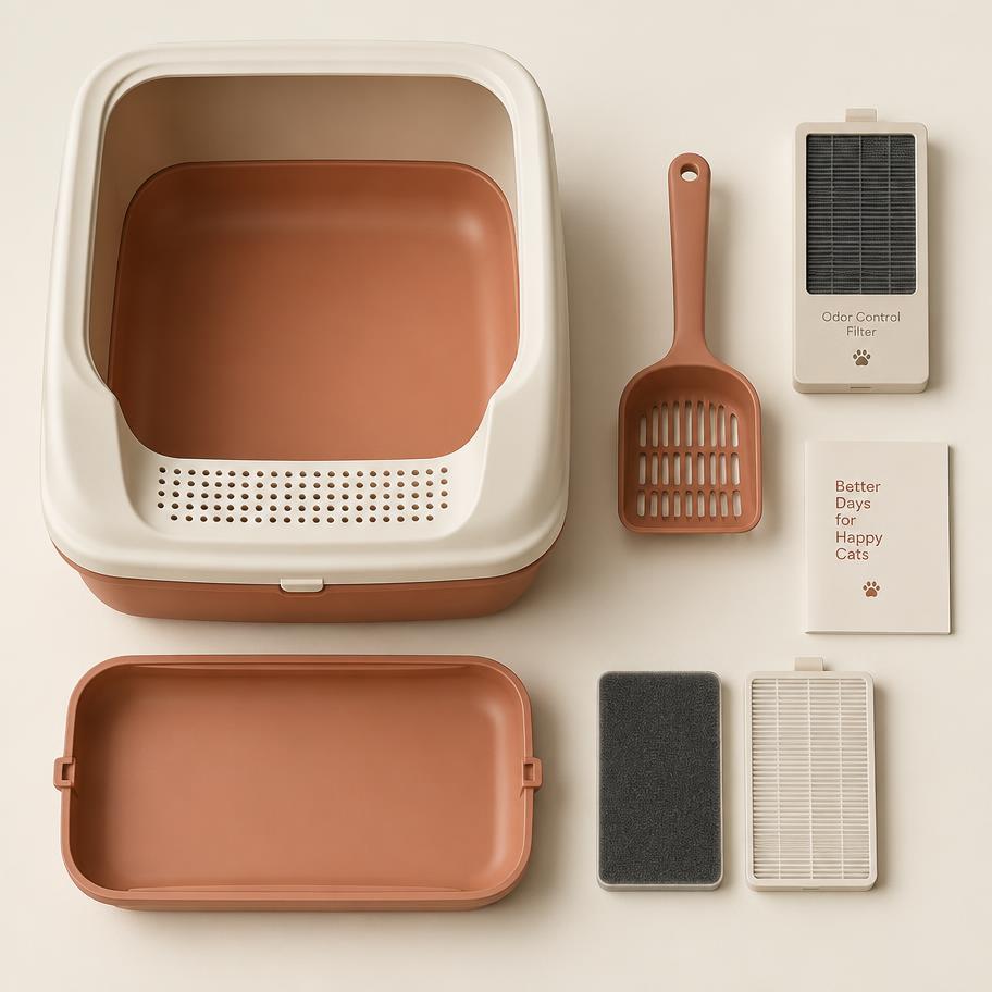 PurrBox litter box shown with its scoop, filter and pull-out drawer